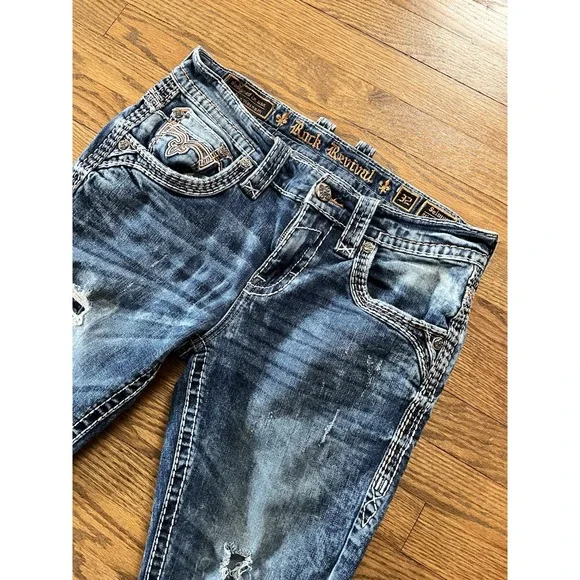 Rock Revival Jeans Men's 32x30 Selwyn Leather Insert Star Slim Taper Distressed - Picture 4 of 16